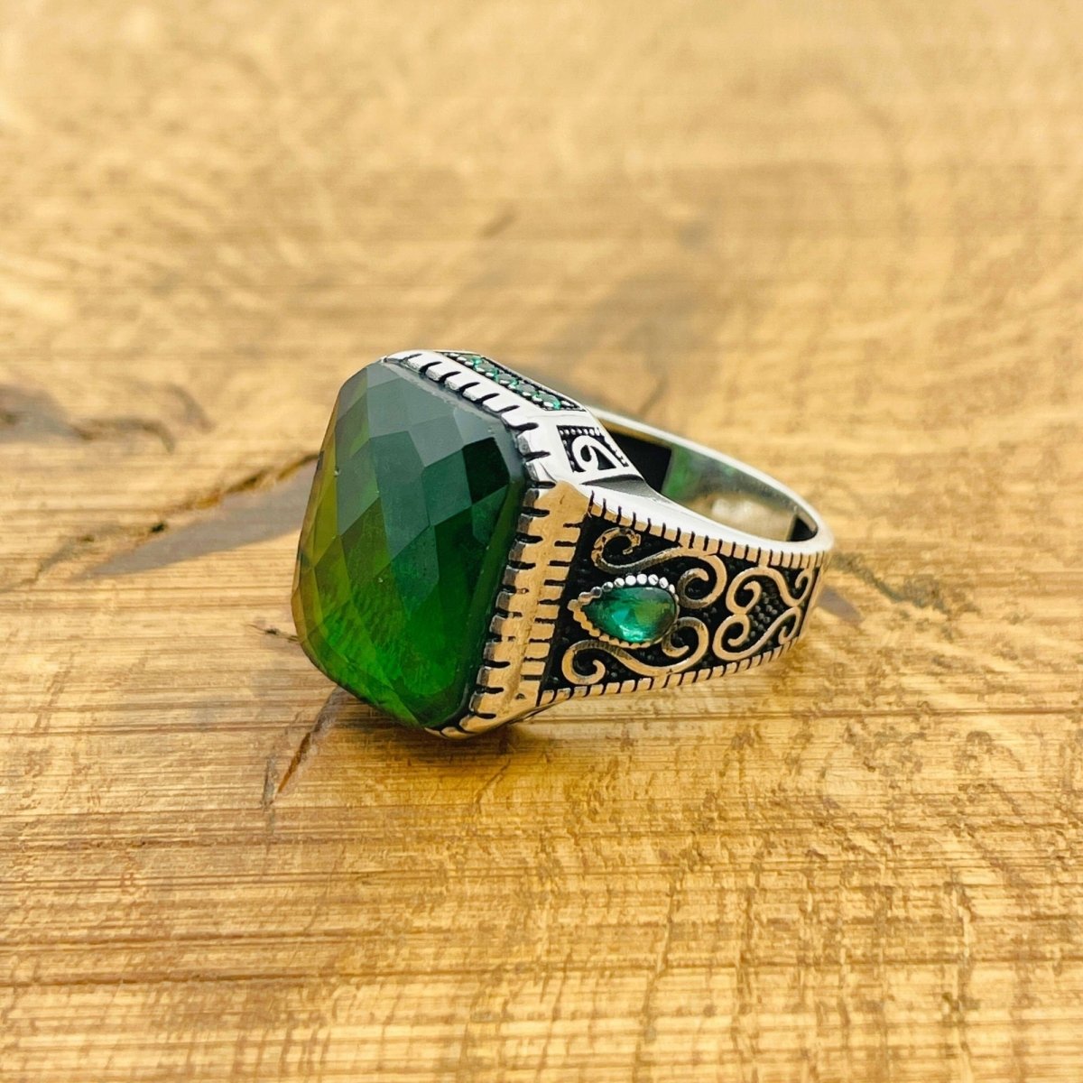 Men's Green Zircon Silver Ring