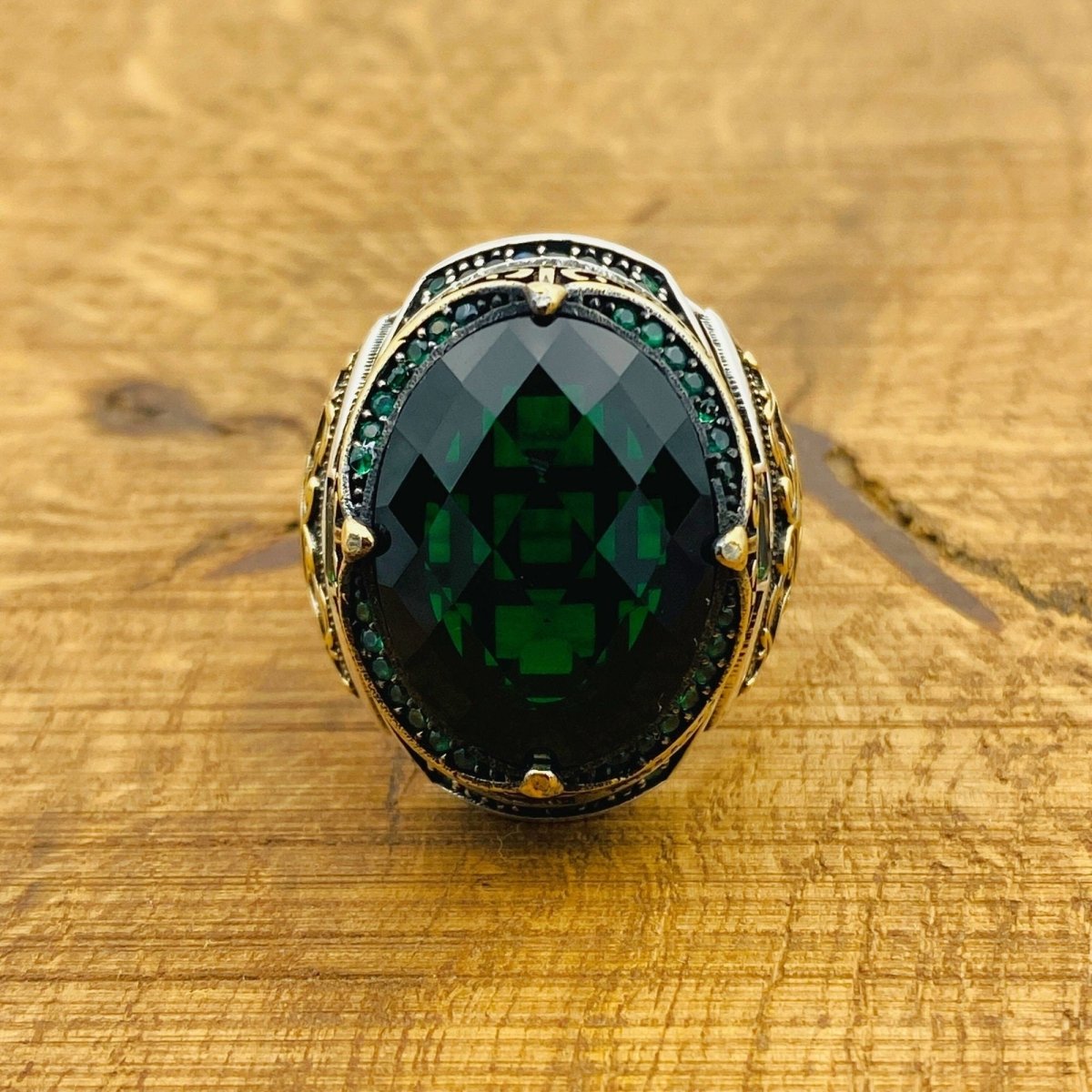 Men's Green Zircon Silver Ring