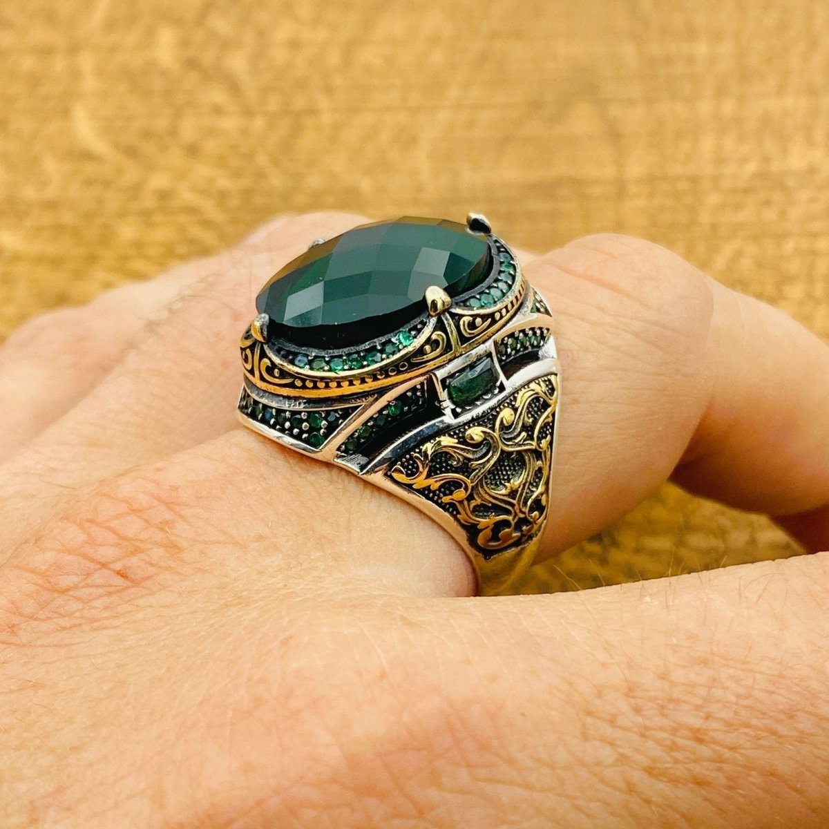 Men's Green Zircon Silver Ring