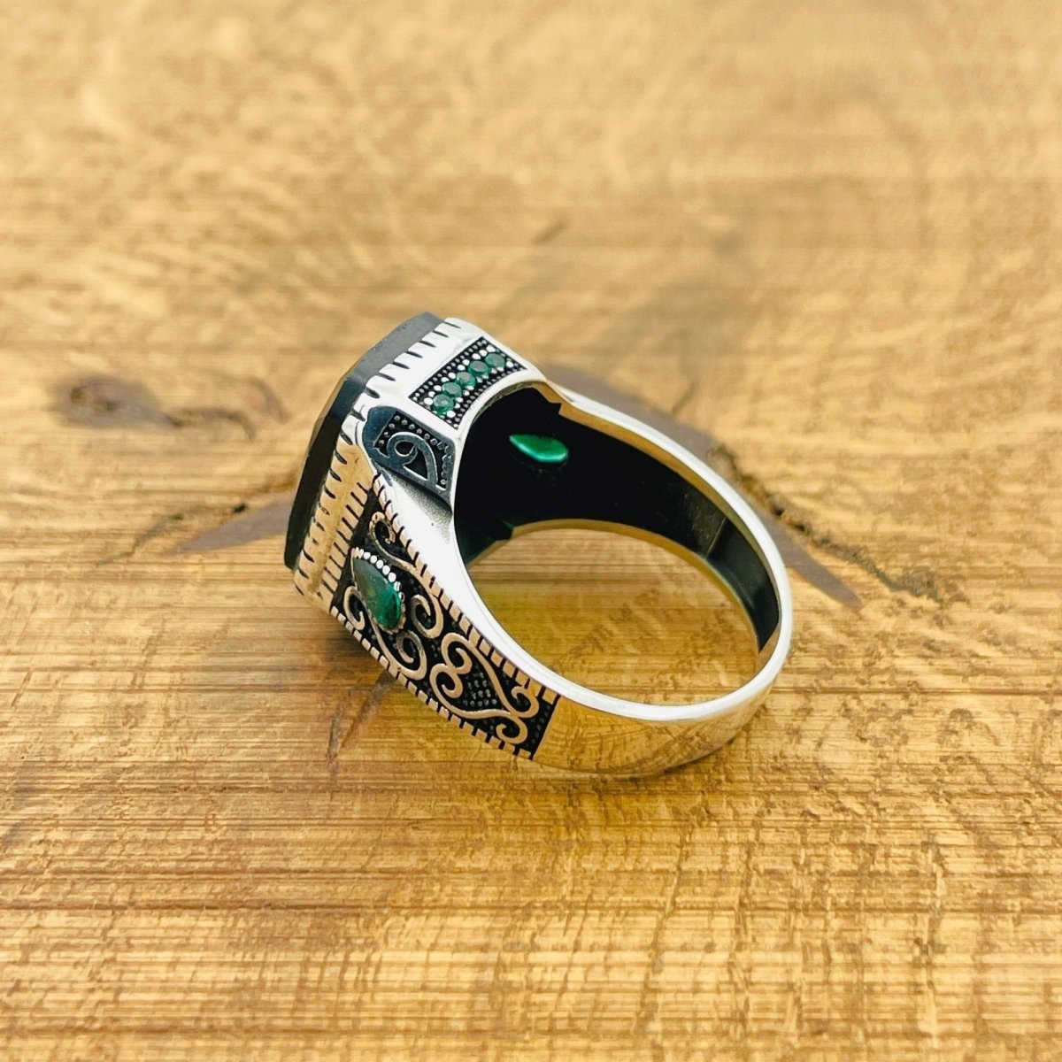 Men's Green Zircon Silver Ring