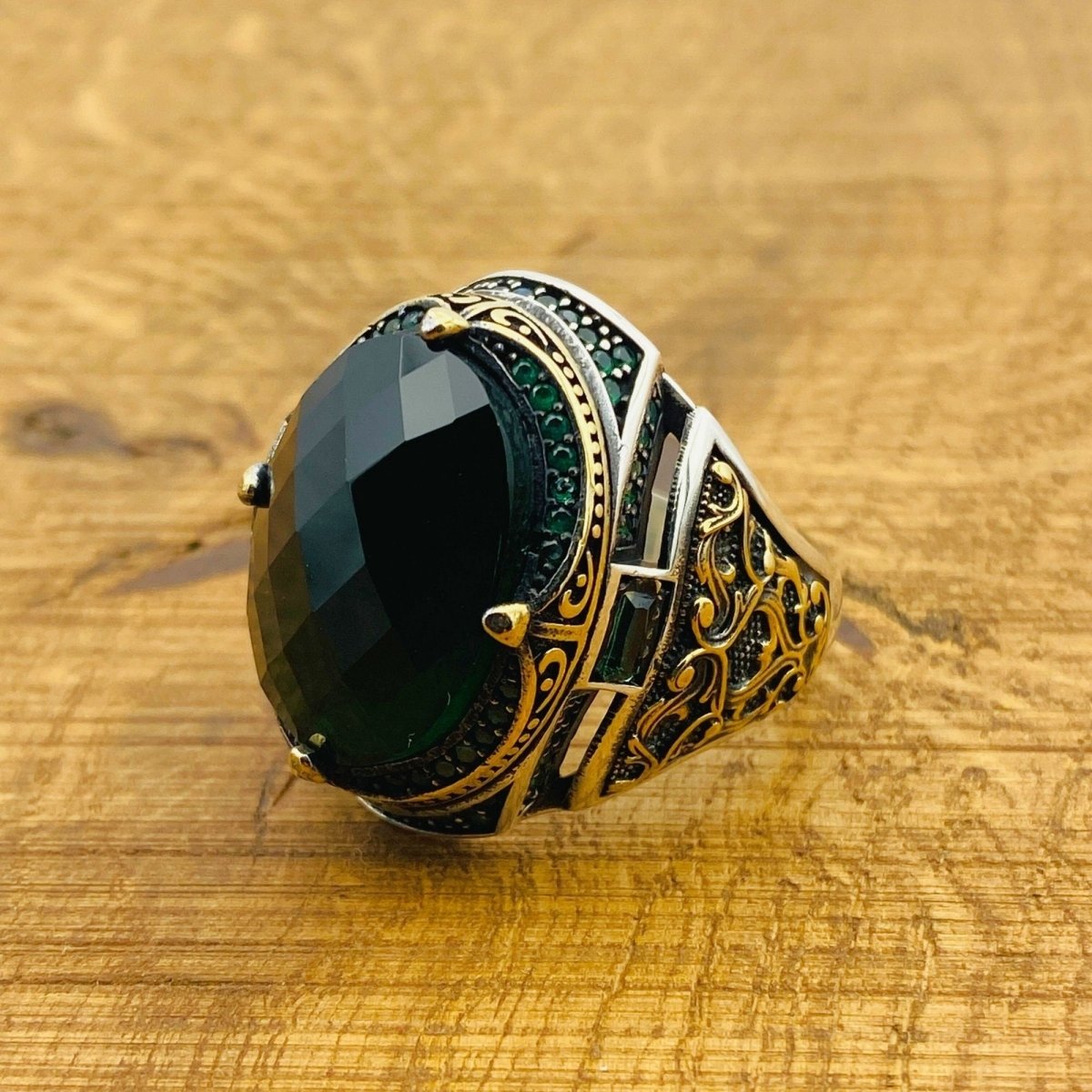 Men's Green Zircon Silver Ring