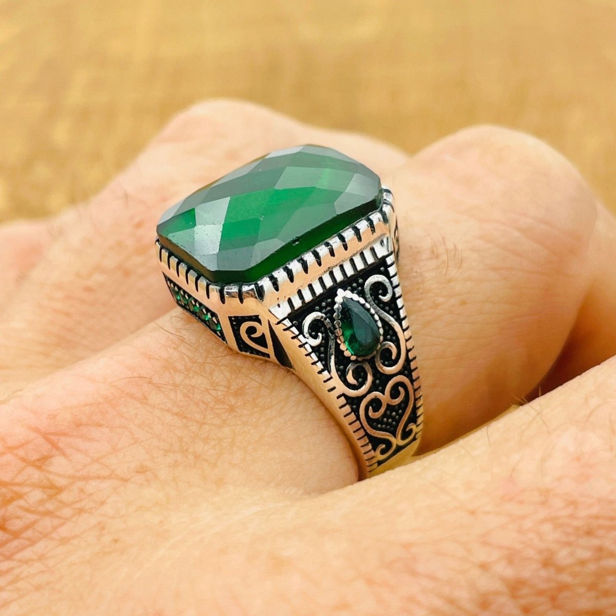 Men's Green Zircon Silver Ring