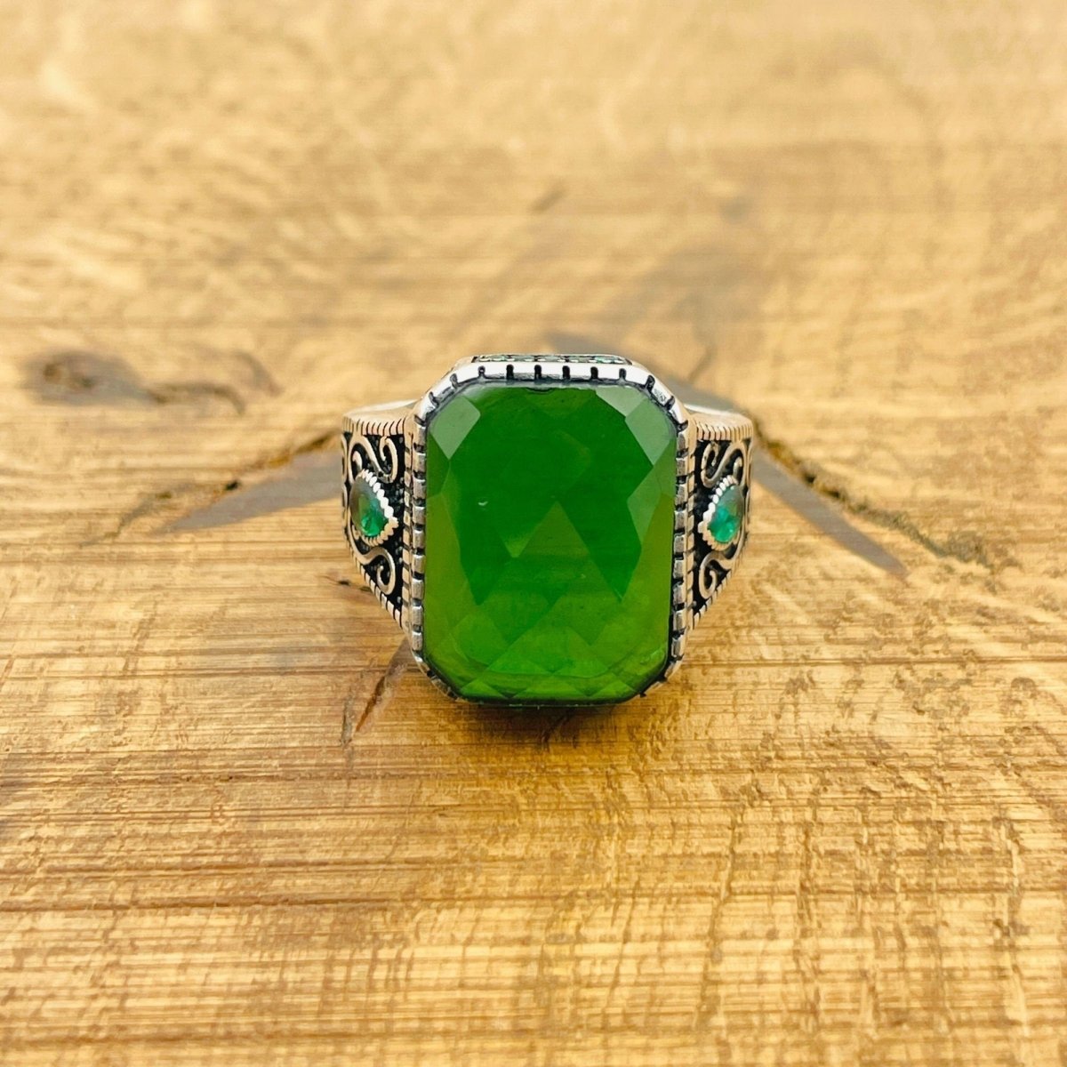 Men's Green Zircon Silver Ring