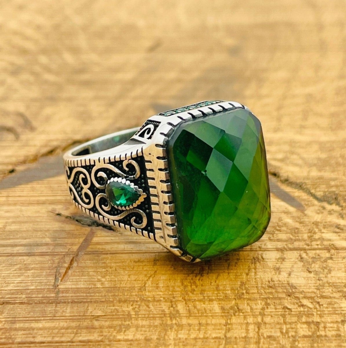 Men's Green Zircon Silver Ring