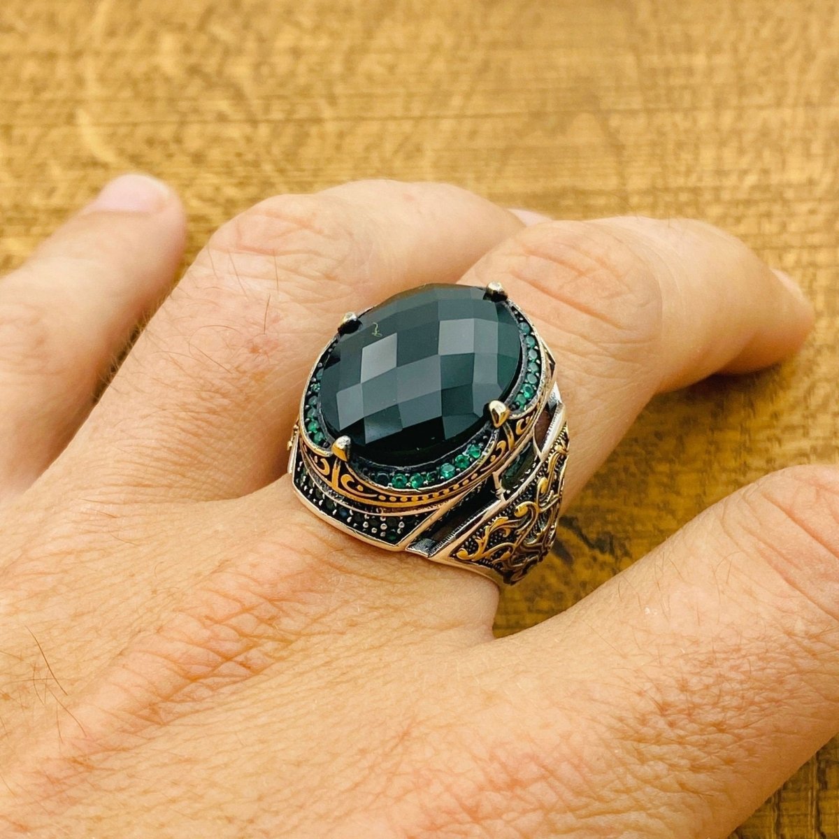 Men's Green Zircon Silver Ring