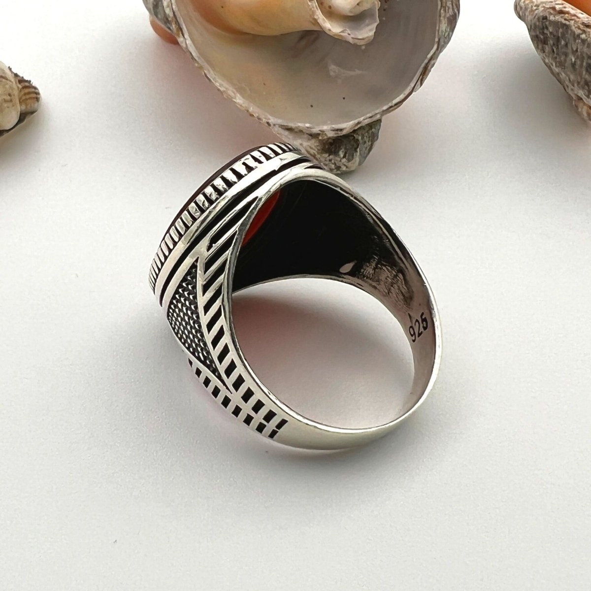 Men's Handcrafted 925 Sterling Silver Red Agate Ottoman Ring | Turkish Artisan Jewelry - TryAladdin