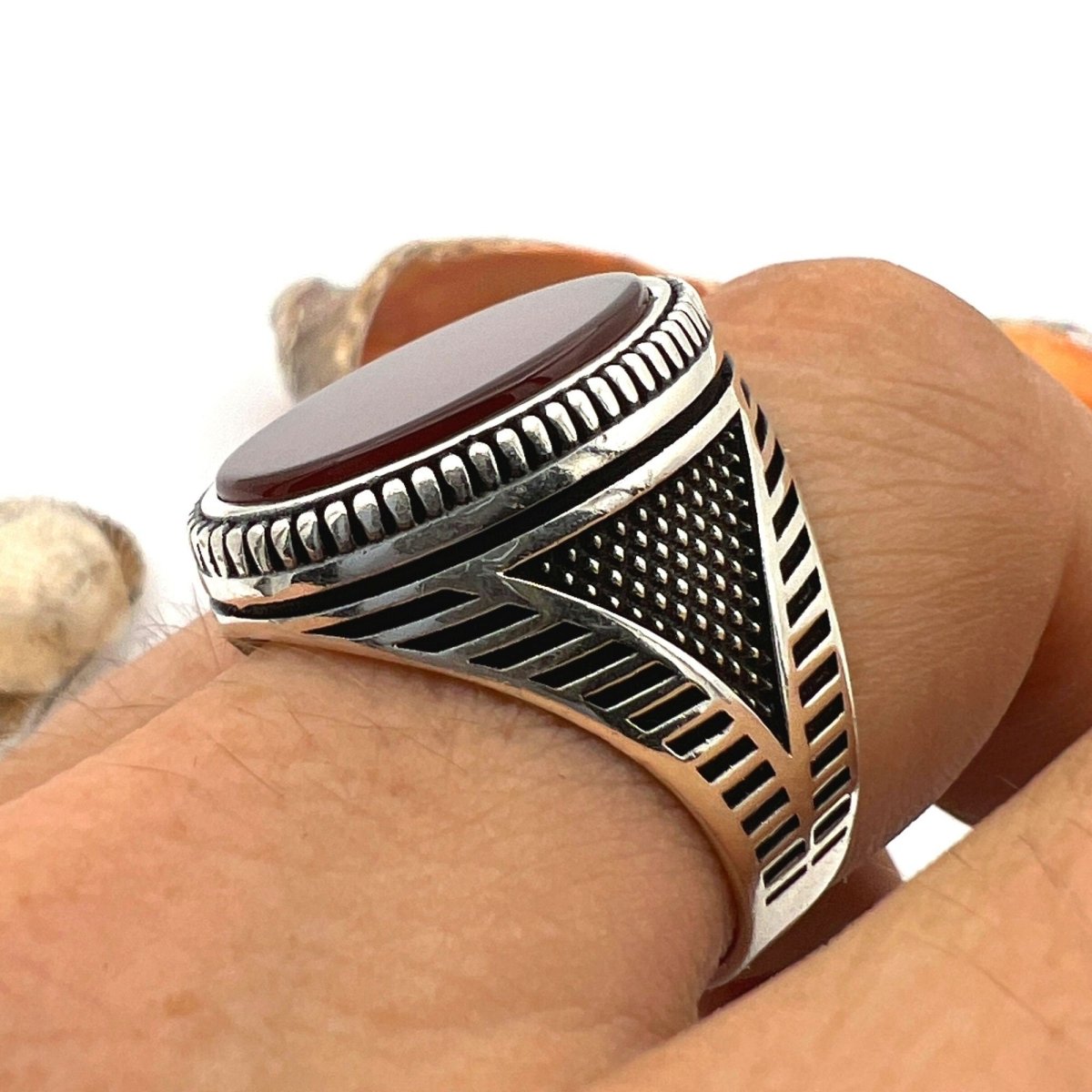 Men's Handcrafted 925 Sterling Silver Red Agate Ottoman Ring | Turkish Artisan Jewelry - TryAladdin