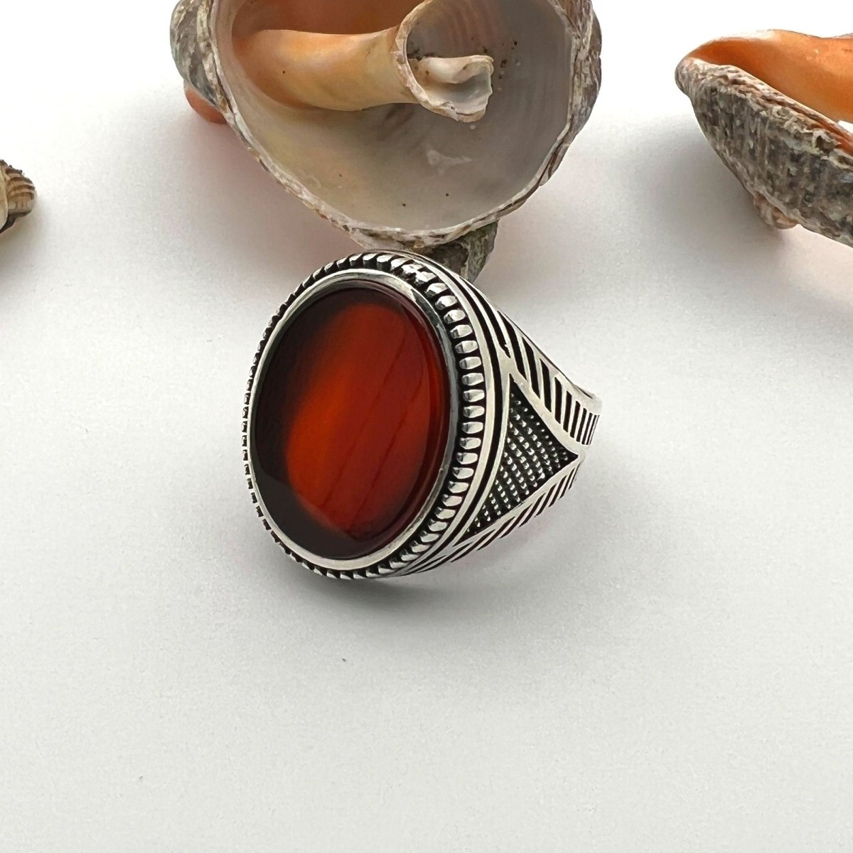 Men's Handcrafted 925 Sterling Silver Red Agate Ottoman Ring | Turkish Artisan Jewelry - TryAladdin