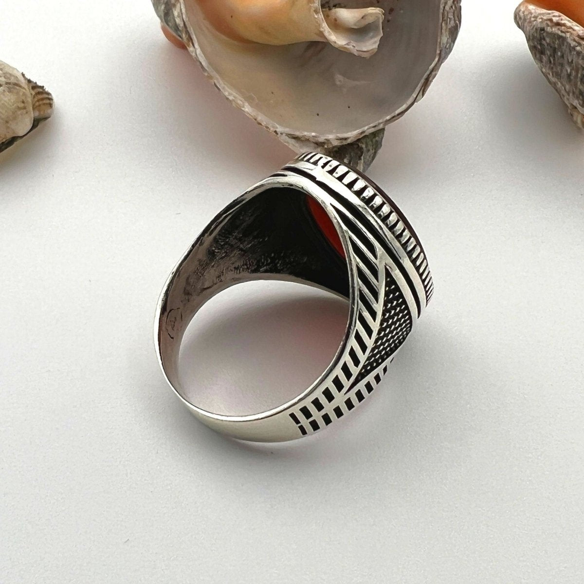 Men's Handcrafted 925 Sterling Silver Red Agate Ottoman Ring | Turkish Artisan Jewelry - TryAladdin