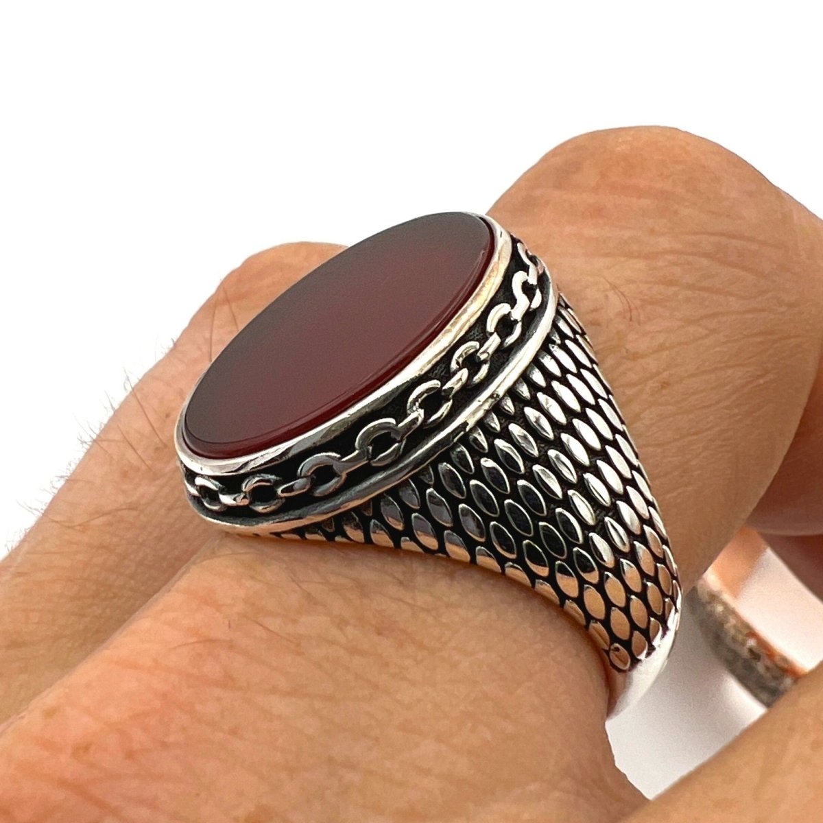 Men's Handcrafted Turkish 925 Sterling Silver Red Agate Statement Ring - TryAladdin