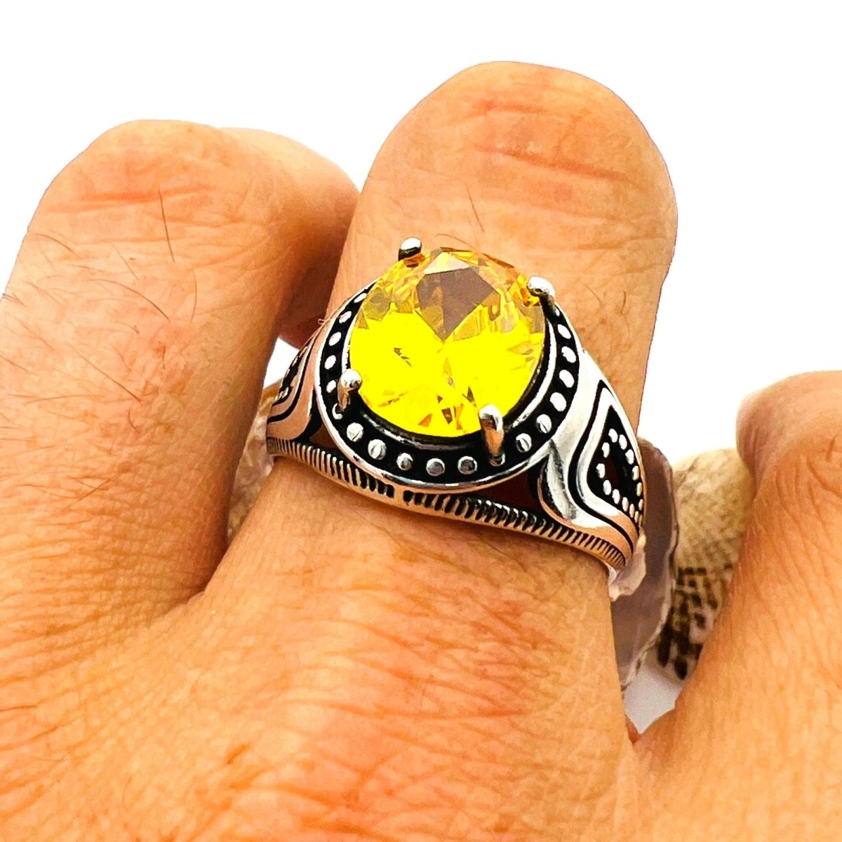 Men's Handcrafted Turkish Ottoman 925 Sterling Silver Yellow Citrine Statement Ring - TryAladdin