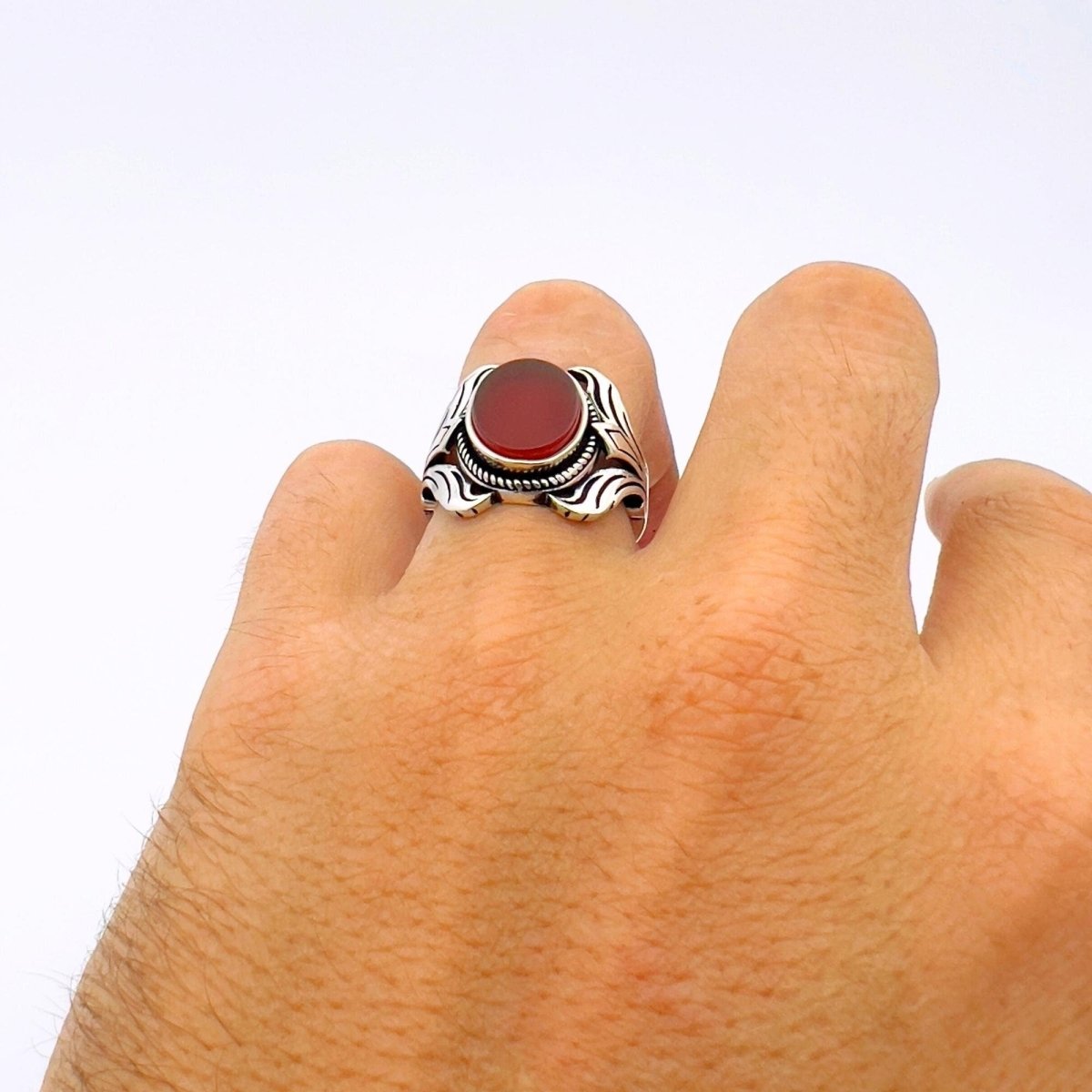 Men's Handcrafted Turkish Sterling Silver Red Agate Statement Ring - TryAladdin