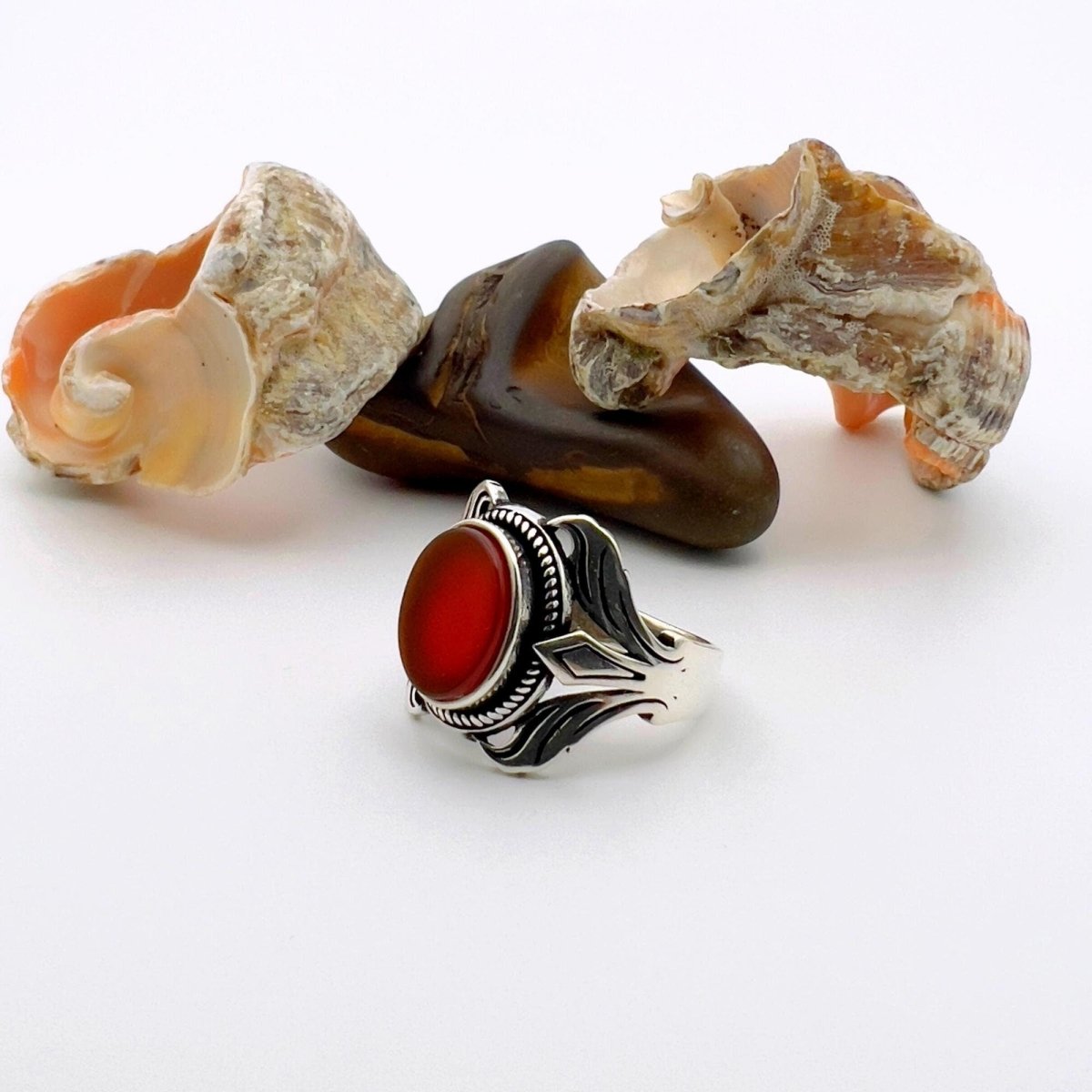 Men's Handcrafted Turkish Sterling Silver Red Agate Statement Ring - TryAladdin