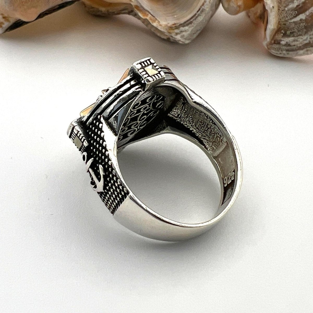 Men's Handmade 925 Sterling Silver Black Onyx Compass Anchor Ring - Turkish Artisan Nautical Jewelry - TryAladdin
