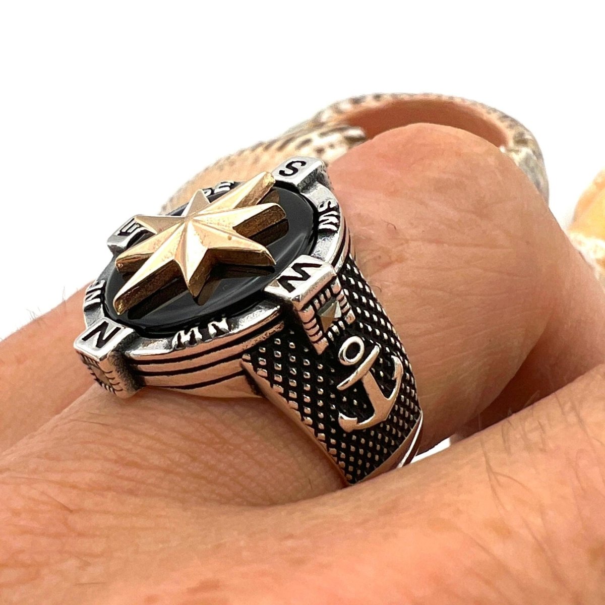 Men's Handmade 925 Sterling Silver Black Onyx Compass Anchor Ring - Turkish Artisan Nautical Jewelry - TryAladdin