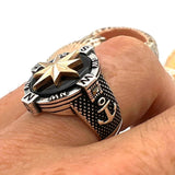 Men's Handmade 925 Sterling Silver Black Onyx Compass Anchor Ring - Turkish Artisan Nautical Jewelry - TryAladdin