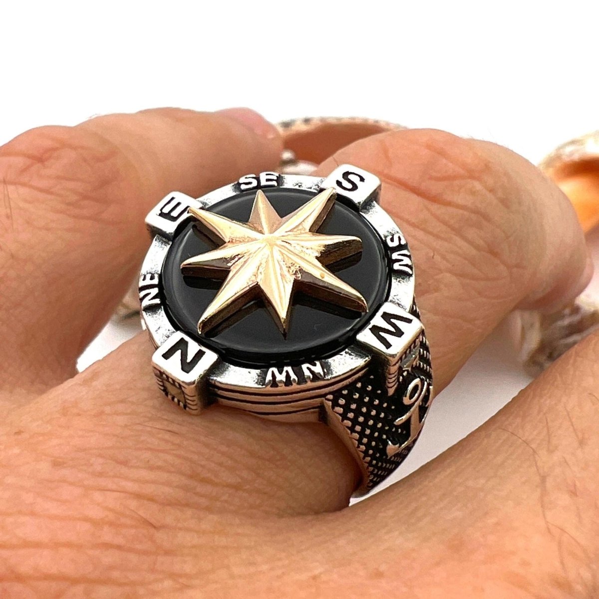 Men's Handmade 925 Sterling Silver Black Onyx Compass Anchor Ring - Turkish Artisan Nautical Jewelry - TryAladdin