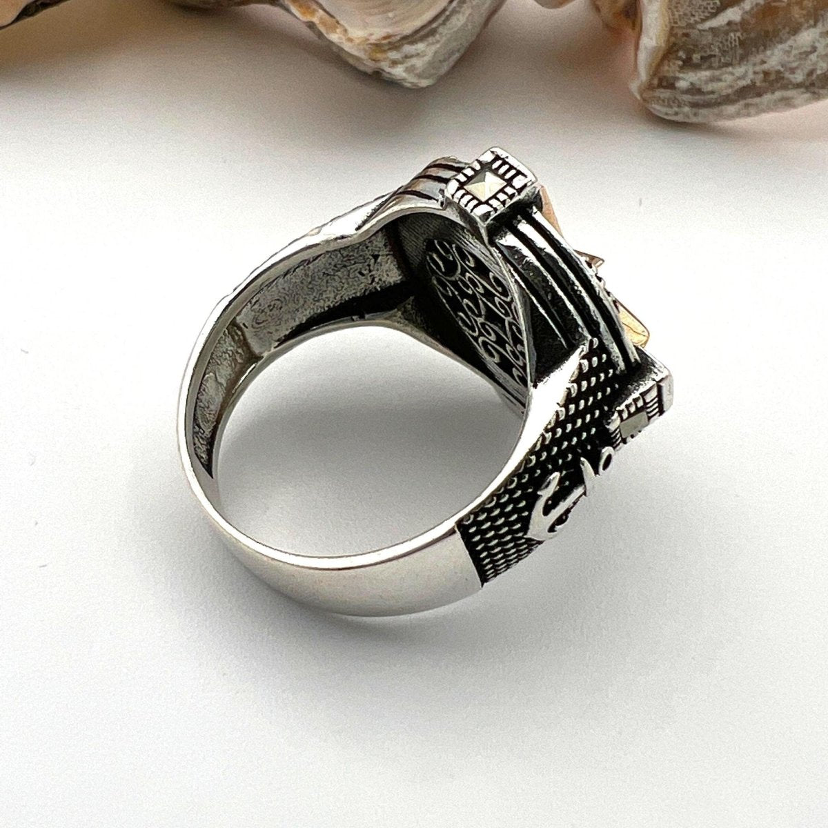 Men's Handmade 925 Sterling Silver Black Onyx Compass Anchor Ring - Turkish Artisan Nautical Jewelry - TryAladdin