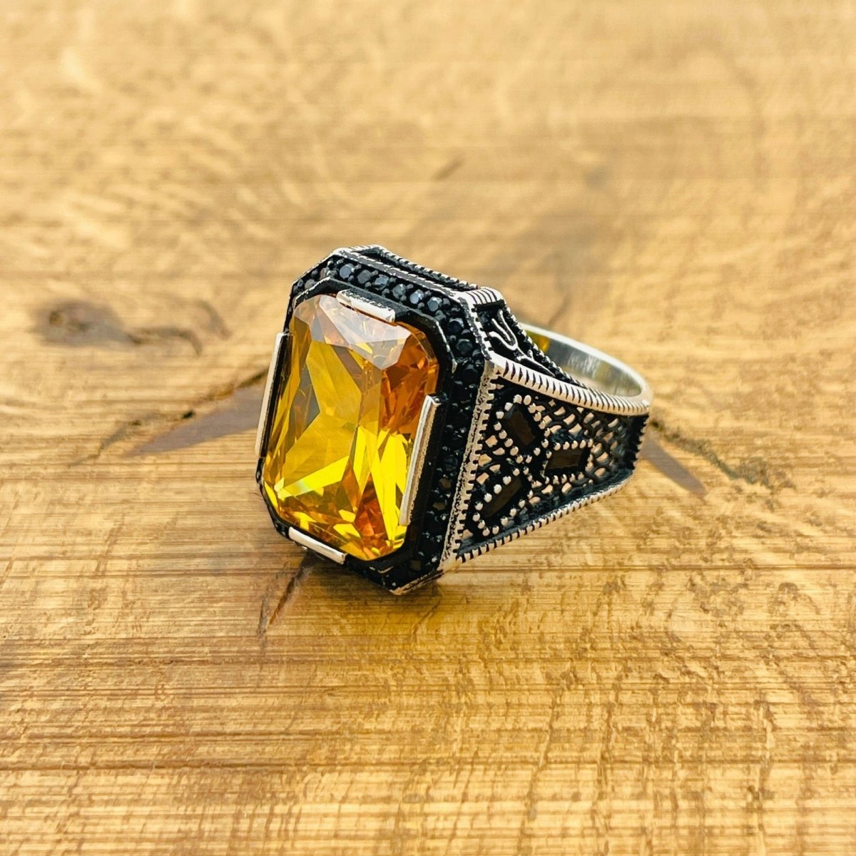 Men's Handmade 925 Sterling Silver Citrine Ring | Ottoman Style Square Gemstone - TryAladdin
