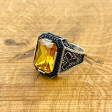 Men's Handmade 925 Sterling Silver Citrine Ring | Ottoman Style Square Gemstone - TryAladdin