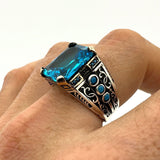 Men's Handmade Blue Aquamarine Square Stone Silver Ring