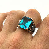 Men's Handmade Blue Aquamarine Square Stone Silver Ring