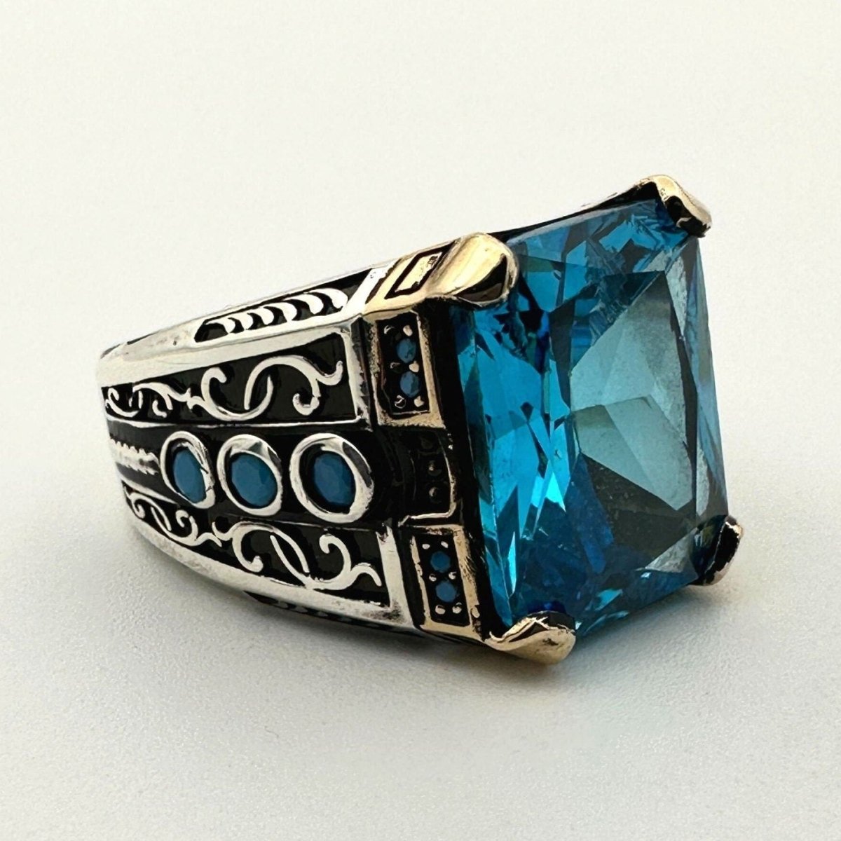 Men's Handmade Blue Aquamarine Square Stone Silver Ring