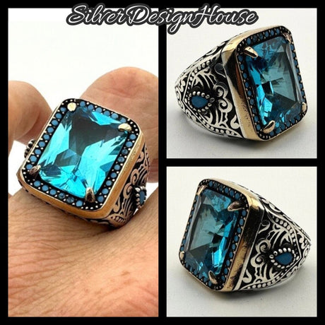 Men's Handmade Blue Aquamarine Stone Silver Ring