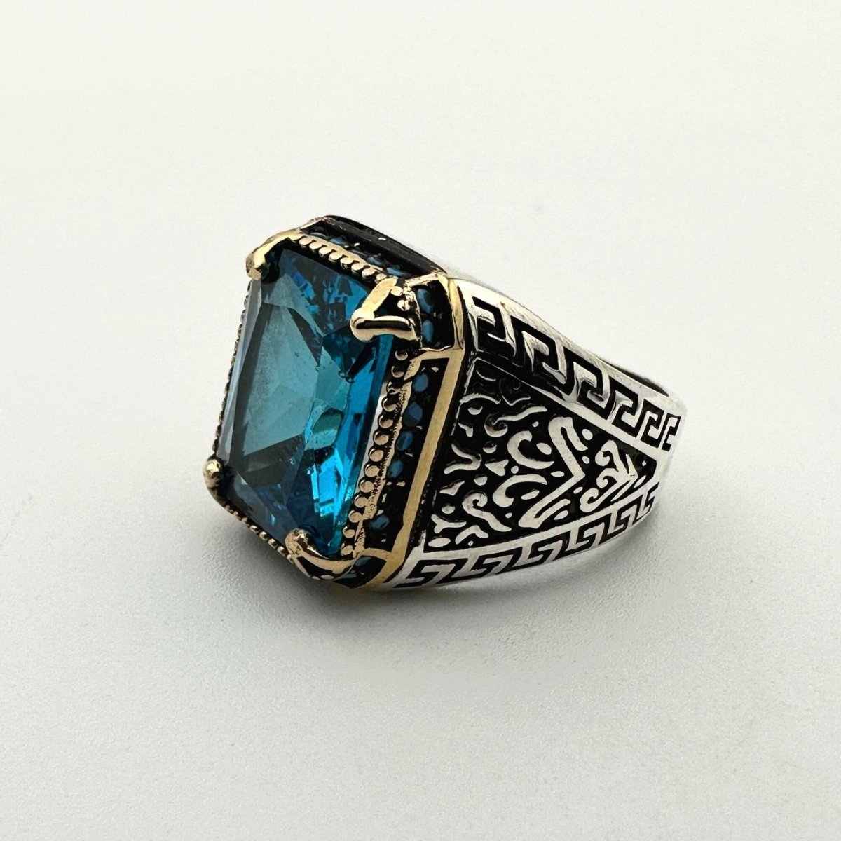 Men's Handmade Blue Aquamarine Stone Silver Ring