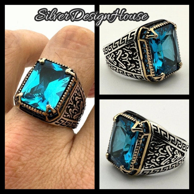 Men's Handmade Blue Aquamarine Stone Silver Ring