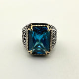 Men's Handmade Blue Aquamarine Stone Silver Ring