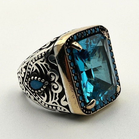 Men's Handmade Blue Aquamarine Stone Silver Ring