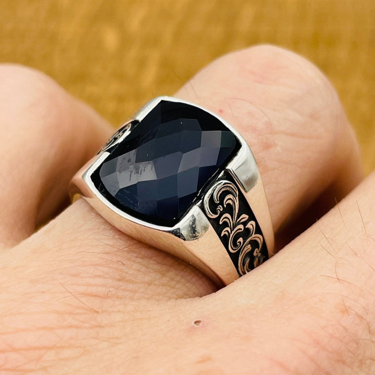 Men's Handmade Blue Zircon Stone Silver Ring