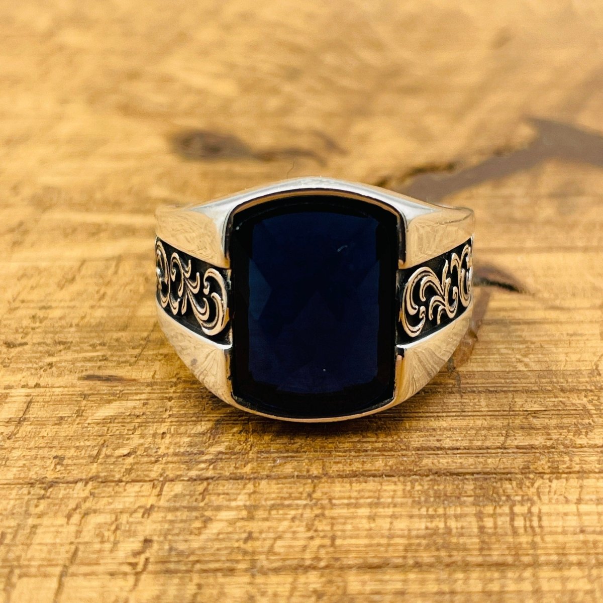 Men's Handmade Blue Zircon Stone Silver Ring