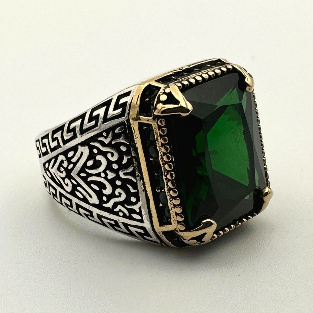 Men's Handmade Onyx - Aqua - Emerald Stone Silver Ring