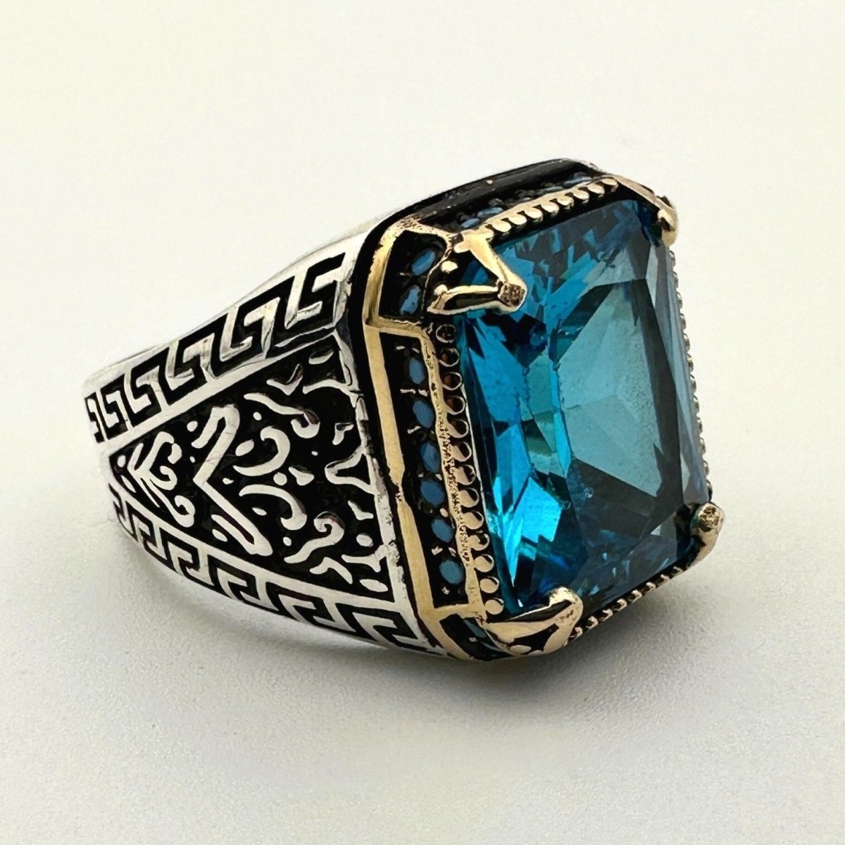 Men's Handmade Onyx - Aqua - Emerald Stone Silver Ring