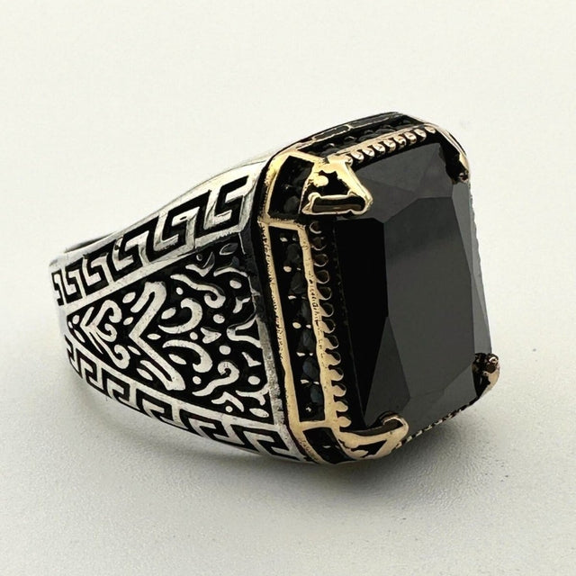 Men's Handmade Onyx - Aqua - Emerald Stone Silver Ring