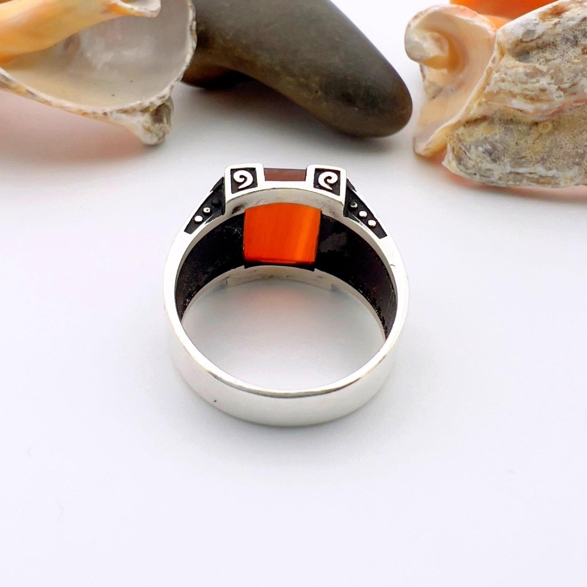 Men's Handmade Red Agate Minimalist Silver Ring