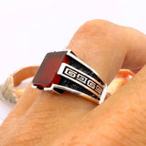 Men's Handmade Red Agate Minimalist Silver Ring