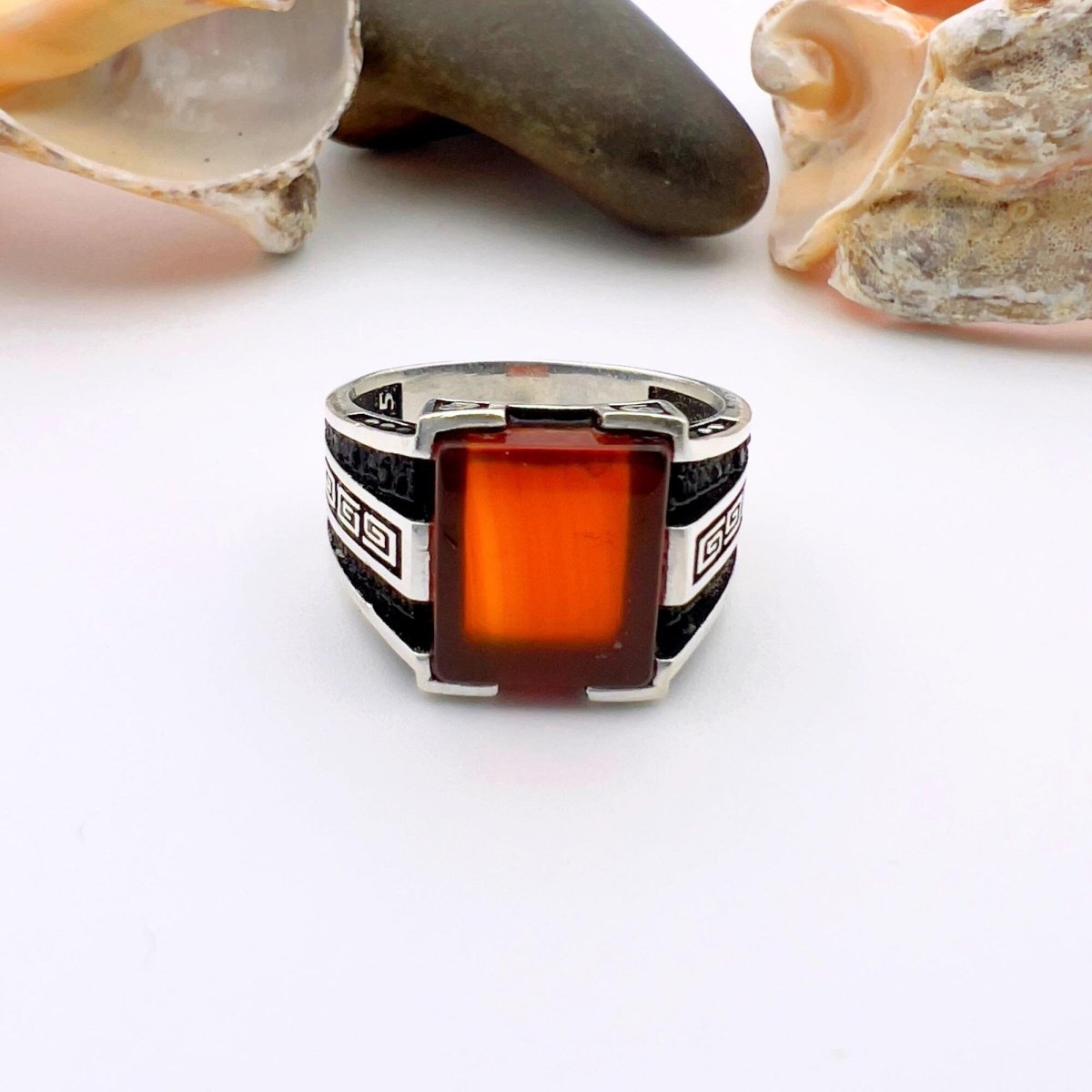 Men's Handmade Red Agate Minimalist Silver Ring