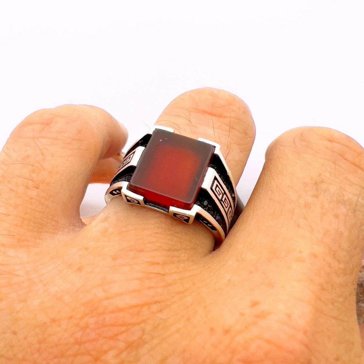 Men's Handmade Red Agate Minimalist Silver Ring