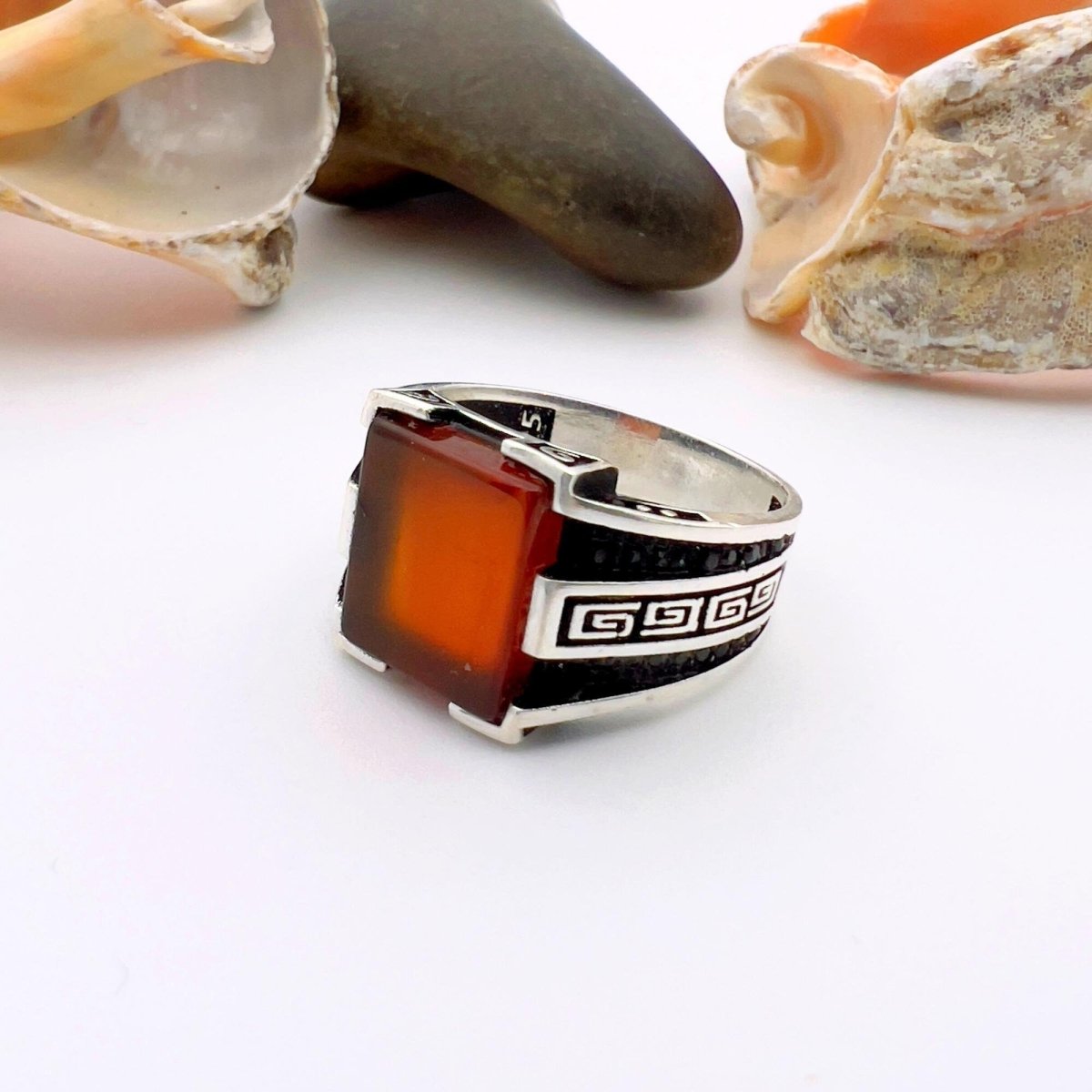 Men's Handmade Red Agate Minimalist Silver Ring - TryAladdin