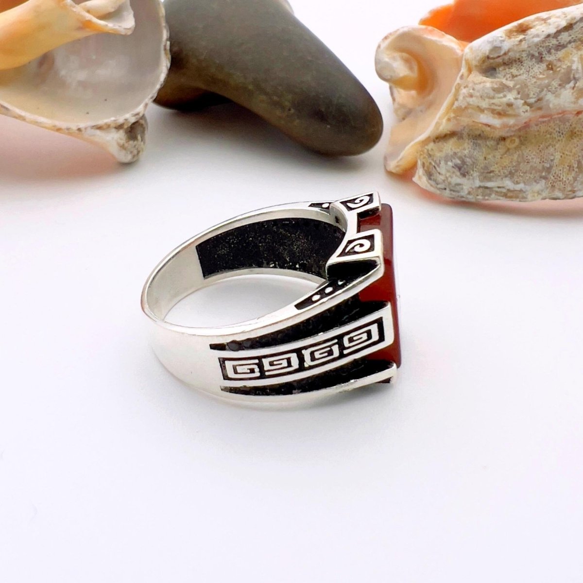 Men's Handmade Red Agate Minimalist Silver Ring