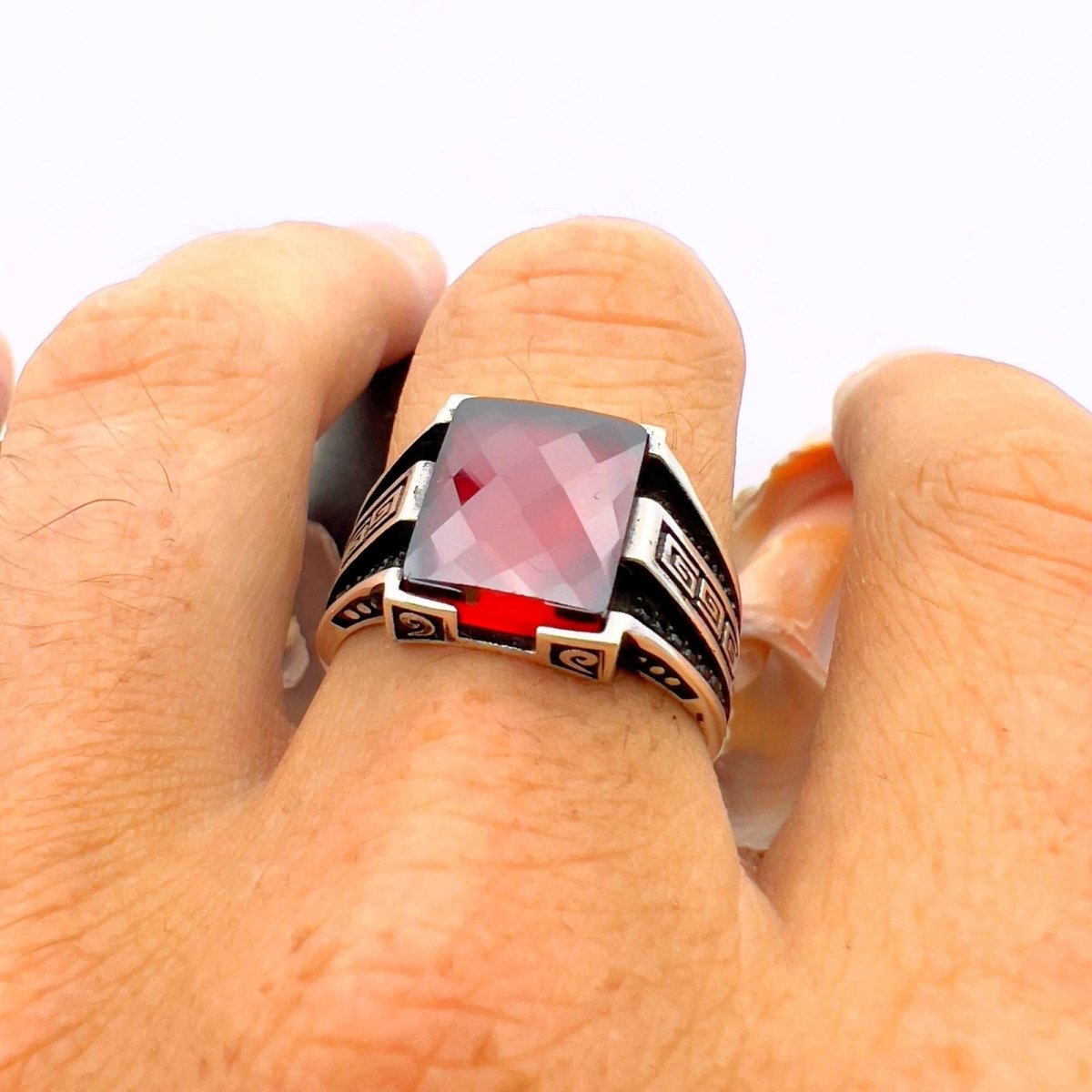 Men's Handmade Red Zircon Minimalist Silver Ring