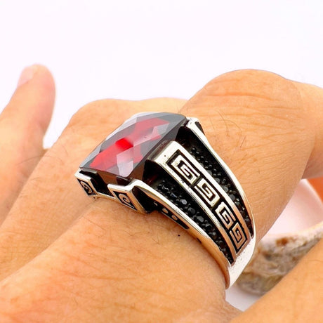 Men's Handmade Red Zircon Minimalist Silver Ring - TryAladdin