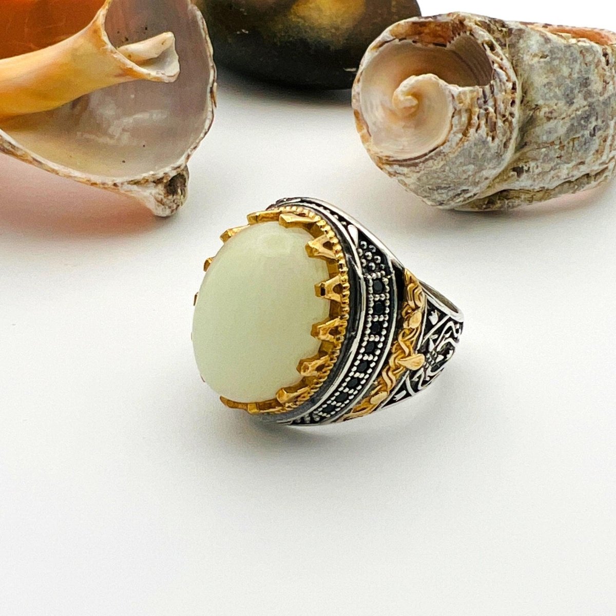 Men's Handmade Silver Ring with Cat's Eye White Stone