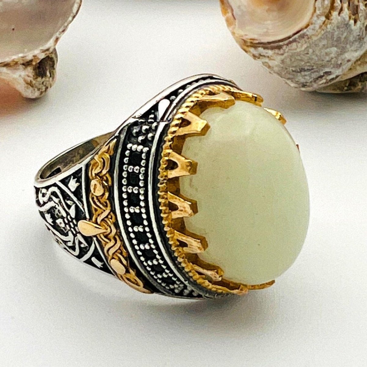 Men's Handmade Silver Ring with Cat's Eye White Stone