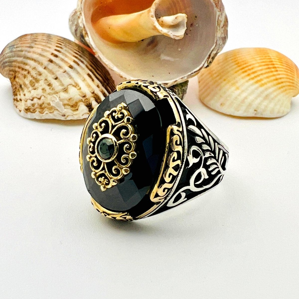 Men's Handmade Turkish 925 Sterling Silver Black Onyx Gemstone Ring | Ottoman Style Statement Jewelry - TryAladdin
