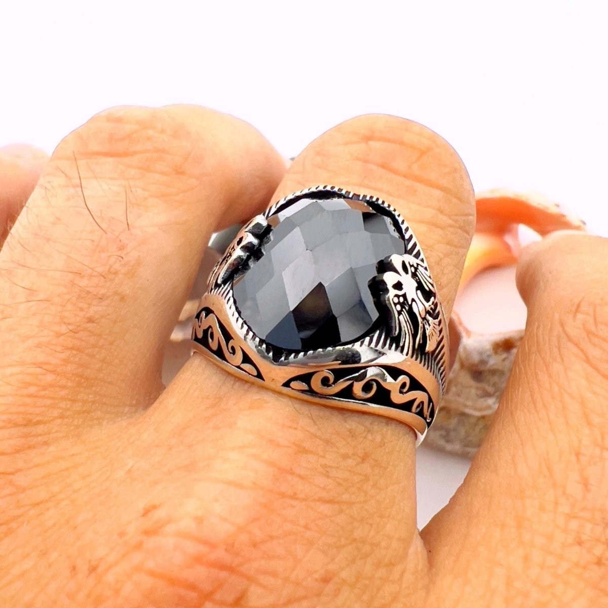 Men's Handmade Turkish 925 Sterling Silver Double - Headed Eagle Onyx Ring - TryAladdin