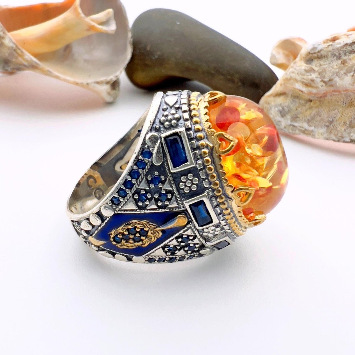 Men's Handmade Turkish 925 Sterling Silver Orange Amber Gemstone Ring - TryAladdin